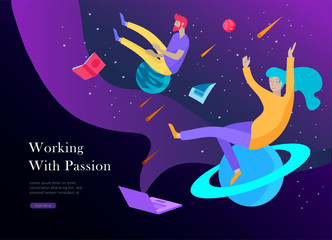 landing page template. Inspired People flying. Create your own spase. Character moving and floating in dreams, imagination and freedom inspiration design work. Flat design style
