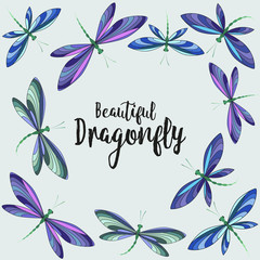 Vector illustration of brightly colored dragonfly in flight background