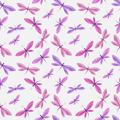 Vector illustration of brightly colored dragonfly in background flight. Seamless pattern