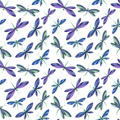 Vector illustration of brightly colored dragonfly in background flight. Seamless pattern