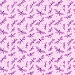 Vector illustration of brightly colored dragonfly in background flight. Seamless pattern
