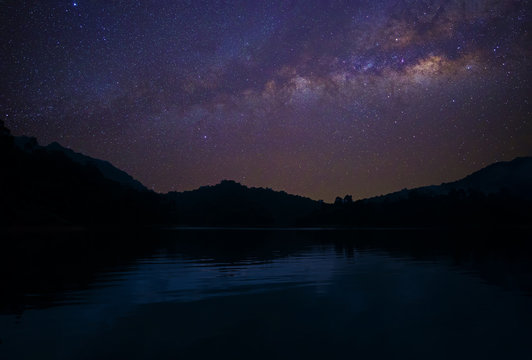 Milky Way across sky over reservoir at Asia
