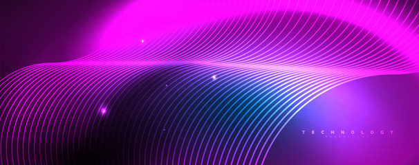 Trendy neon blue abstract design with waves and circles. Neon light glowing effect. Abstract digital background.