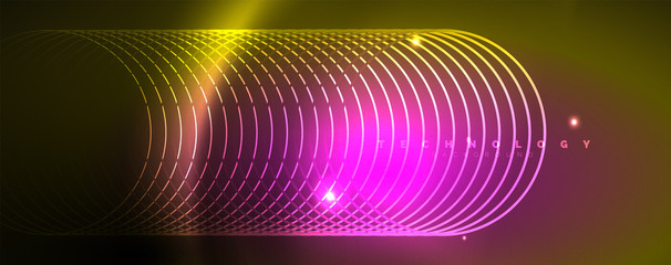 Bright neon circles and wave lines, glowing shiny background design template, digital techno concept.