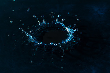 drops and splashes of water on a dark surface 