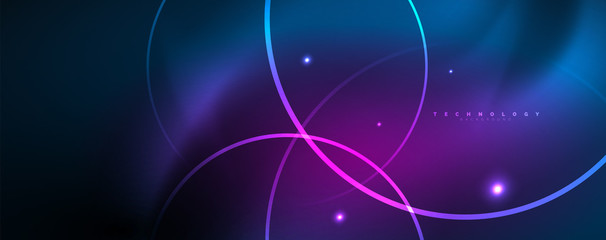 Trendy neon blue abstract design with waves and circles. Neon light glowing effect. Abstract digital background.