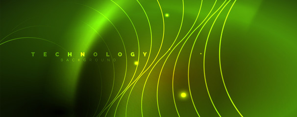 Bright neon circles and wave lines, glowing shiny background design template, digital techno concept.