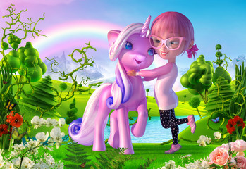 Cheerful smiling cartoon girl playing and hugging magical unicorn baby in the fairy landscape. Funny cartoon kid characters of a kawaii girl and unicorn. Fairytale and magic land concept. 3D render
