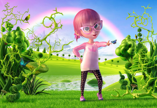 Illustration of a cute cartoon girl points with index finger on the butterfly. Funny cartoon character of a little kawaii girl with pink hairs in the magic fairy landscape with rainbow. 3D render