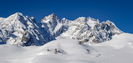 France, Hautes-Alpes (05), Col du Lautaret, Ecrins National Park - Winter panoramic view on Glacier du Lautaret, Glacier de l'Homme and Bec de l'Homme Peak. European Alps