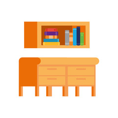 desk and shelving with stack of books on white background