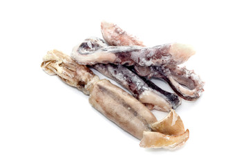 Seafood. Large, raw, not peeled, frozen squid and legs of an octopus on a white background closeup