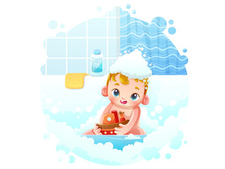 Cute blonde baby boy playing in bath with a toy boat among the bubbles and foam. Vector illustration isolated on white background.