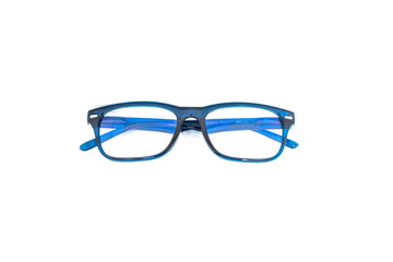 Fototapeta premium Blue Glasses isolated on white background. Vintage frame for Sunglasses. Abstract of Healthy, sight protection and reading optical lens.