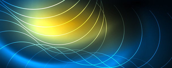 Trendy neon blue abstract design with waves and circles. Neon light glowing effect. Abstract digital background.