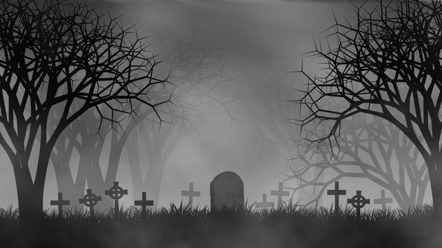 Scary cemetery in creepy forest illustration design background
