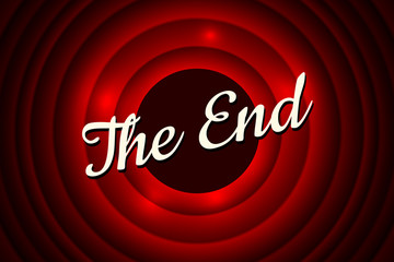 The End handwrite title on red round bacground. Old movie ending screen. Vector illustration