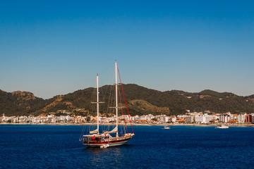 the ship sails on the sea in the port of Marmaris