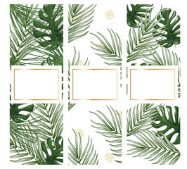 Set of tropical vertical banners. Palm and monstera leaves with golden glitter and confetti on the white background. Summer botanical design for invitations, sales, promotions. Vector.