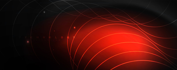 Dark abstract background with bright color neon lights and lines. Glowing background