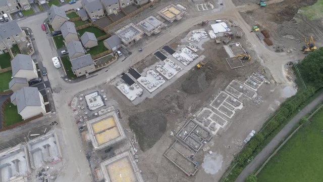 Aerial drone over housing estate in construction, yorkshire