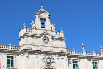 Close up photography of historical University building in Sicilian Catania, Italy. Beautiful piece of historical architecture in the city center. Oldest university in Sicily