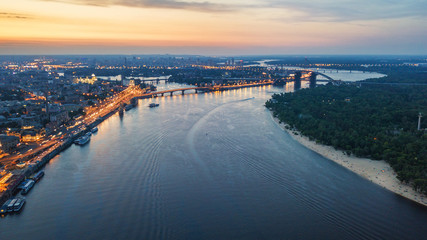 aerial  city view on sunset. Kiev, Ukraine. drone shot, bird's-eye, aerial view