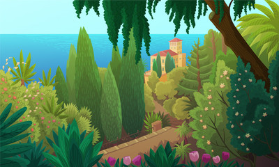 Vector illustration of a coastal landscape in the south of France. Summer scenery of a green garden of pines and palm trees with the sea in the background.