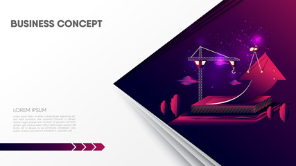 Construction of rising arrow, tree, sky clouds, on gradient pink purple background. Abstract concept template with copy space for text. Paper cut style. EPS10, vector and illustration.