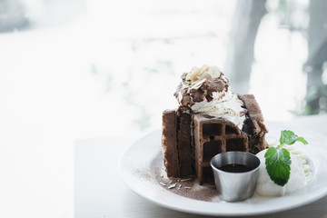 Belgian chocolate waffle and ice cream, bread for breakfast or tea time, Desserts and Food Concepts.