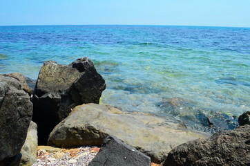 Crystal blue Black Sea and stones in Bulgaria, Nessebar island