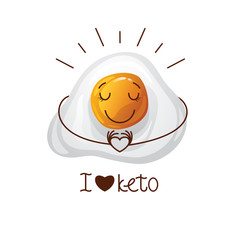 Color vector illustration with the inscription I love keto. Funny egg character. Cute face, cartoon character emotions. Design for keto diet. Logo for keto nutrition.
