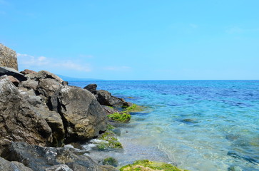 Crystal blue Black Sea and stones in Bulgaria, Nessebar island