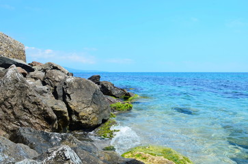 Crystal blue Black Sea and stones in Bulgaria, Nessebar island