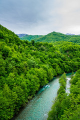 Montenegro, Mountainous green forest covered nature landscape surrounding turquoise waters of moraca river in famous moraca canyon