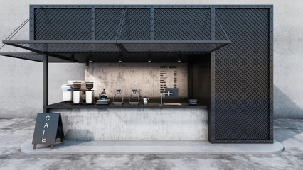 Front view Cafe shop & Restaurant design. Modern minimal metal black.Counter top black metal concrete,windows black metal frame- 3D render