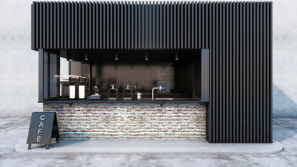 Front view Cafe shop & Restaurant design. Modern minimal metal black.Counter top black metal brick,windows black metal frame- 3D render