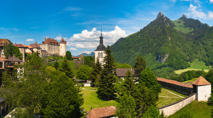 Medieval Town of Gruyeres and Castle panorama, Canton of Fribourg, Switzerland