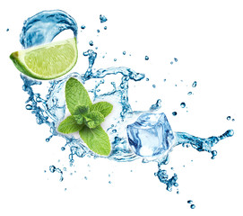 Fototapeta na wymiar Blue water splash with lime and mint isolated on white background. 3d