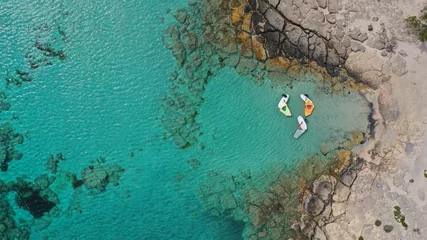 Printed kitchen splashbacks Elafonissi Beach, Crete, Greece Aerial drone panoramic view photo of famous exotic paradise sandy deep turquoise beach of Elafonissi in South West Crete island, Greece