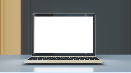 Modern laptop computer on a white table, mockup. 3D illustration. 