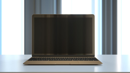 Modern laptop computer on a white table, mockup. 3D illustration. 