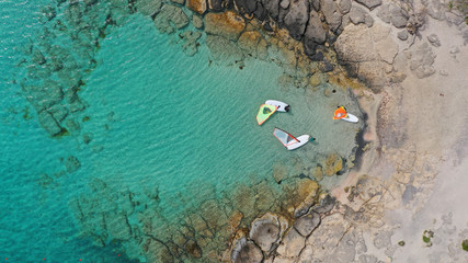 Aerial drone panoramic view photo of famous exotic paradise sandy deep turquoise beach of Elafonissi in South West Crete island, Greece
