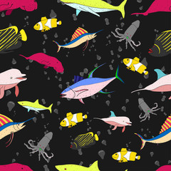 pattern seamless set of ocean animal. world ocean day. doodle hand drawing colorful design style. vector illustration eps10