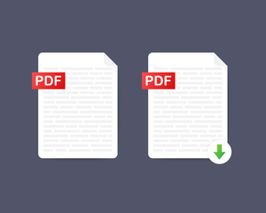 Download PDF button. Downloading document concept. File with PDF label and down arrow sign. Vector stock illustration.