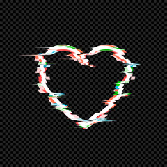 Vector Glitches on the Heart Icon, Technology Effect, TV Distortion, Retro Style Illustration Isolated.
