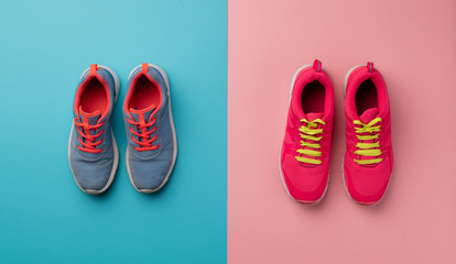 A studio shot of running shoes on bright color background. Flat lay.
