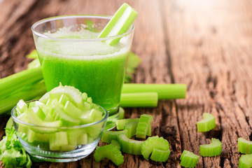 Fresh green celery juice in glass