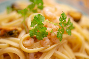 Pasta with prawns close up