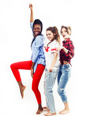 diverse multi nation girls group, teenage friends company cheerful having fun, happy smiling, cute posing isolated on white background, lifestyle people concept, african-american and caucasian 